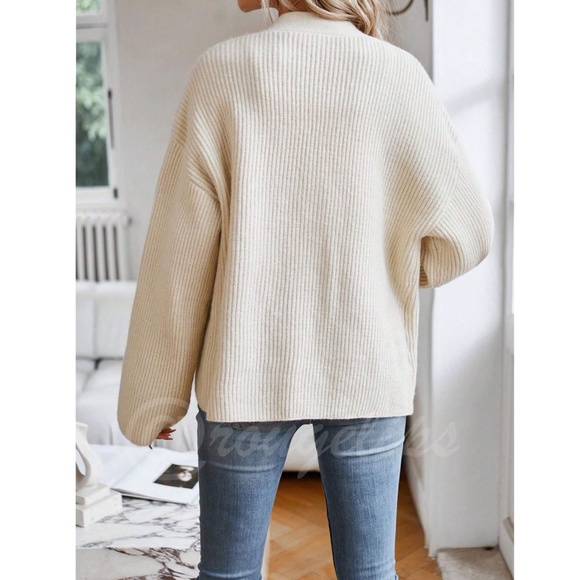 Beige Knit Kimono Sweater Tie Belt Loose Fit Drop Shoulder Wrap - Picture 5 of 7